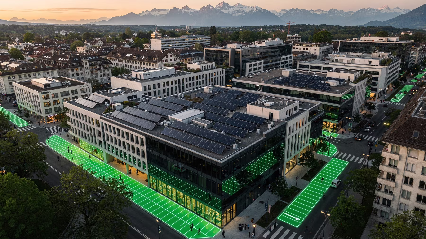 Quartier aus der Vogelperspektive, ungenutzte Dach- und Parkflächen sind grün hervorgehoben